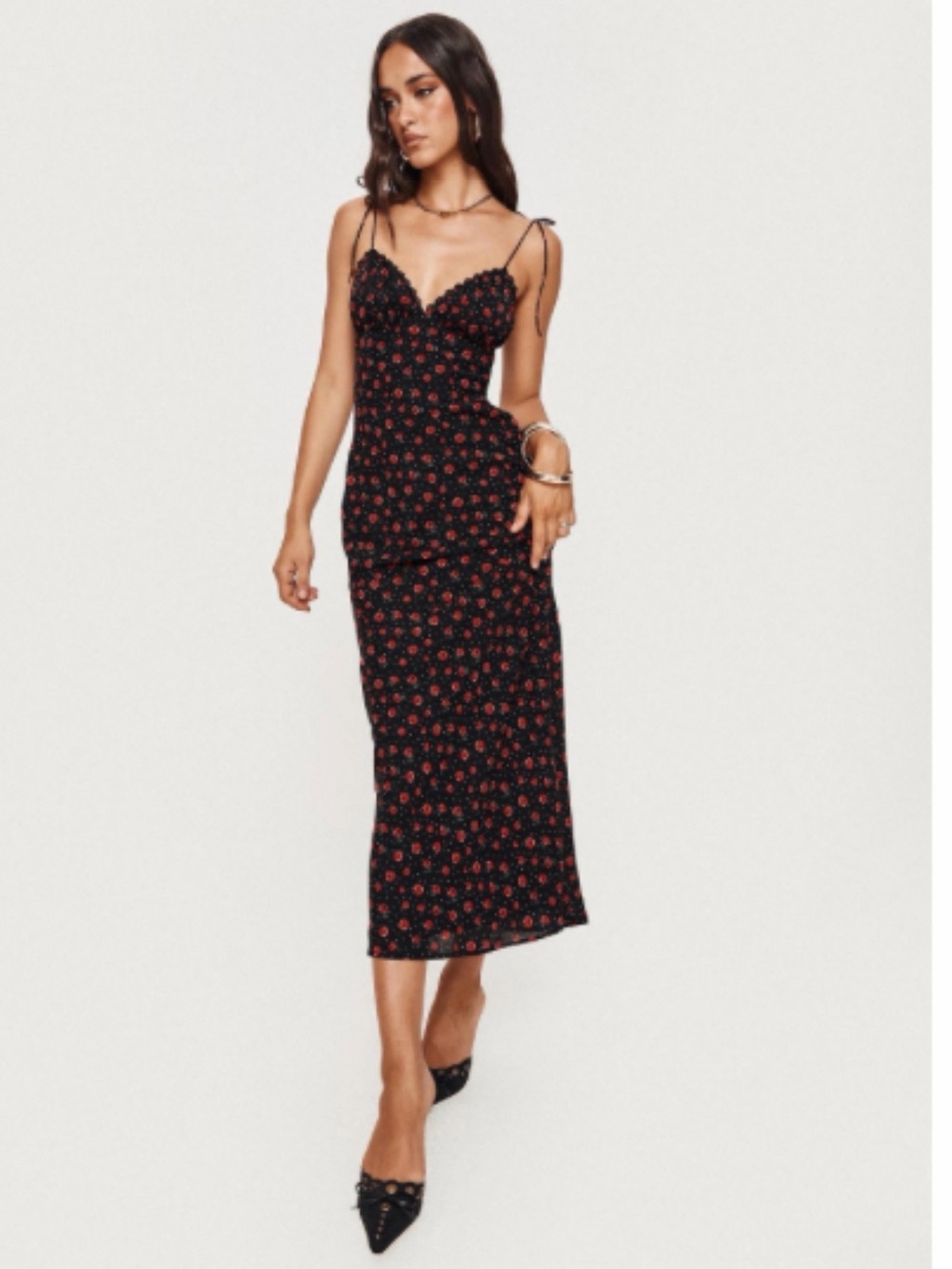 Princess Polly Black Midi Slip Dress with Red Floral Print